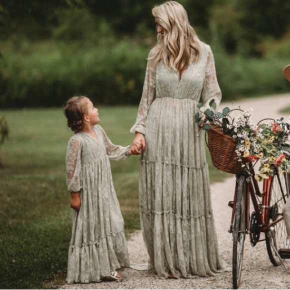 Sage Green Lace Mommy + Me matching dresses - Picture 1 of 5